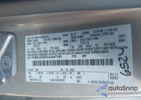 2018 Ford Escape Sel from USA, damaged, VIN 1FMCU9HD3JUA47381